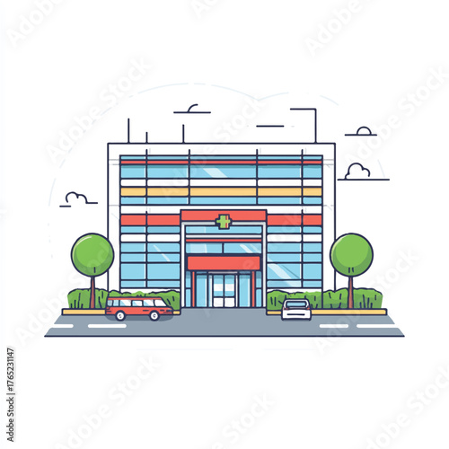 Modern Building Facade with Cars and Trees