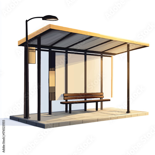Modern Bus Stop Shelter with Bench and Streetlight