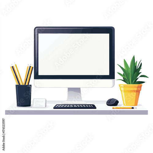 Modern computer workspace with a blank screen mockup.