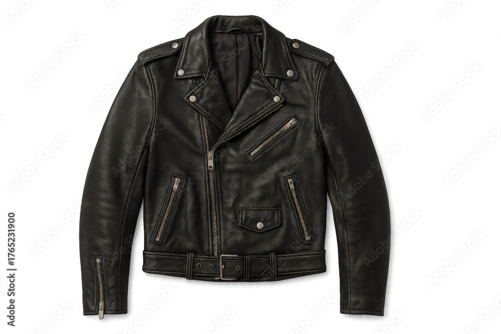 Naklejka premium Black leather motorcycle jacket for men, fashion apparel with metal zippers, showing rebel style and casual clothing