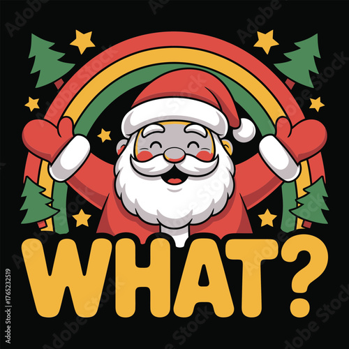 Retro Santa under rainbow arch, surprised expression, bright stars and trees, playful meme style, humorous Christmas vector
