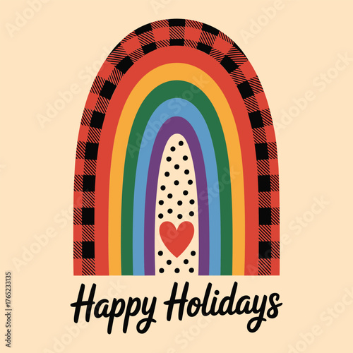 happy holidays rainbow poster, buffalo plaid accent, dotted arch details, heart centerpiece, cozy winter greeting, friendly vector