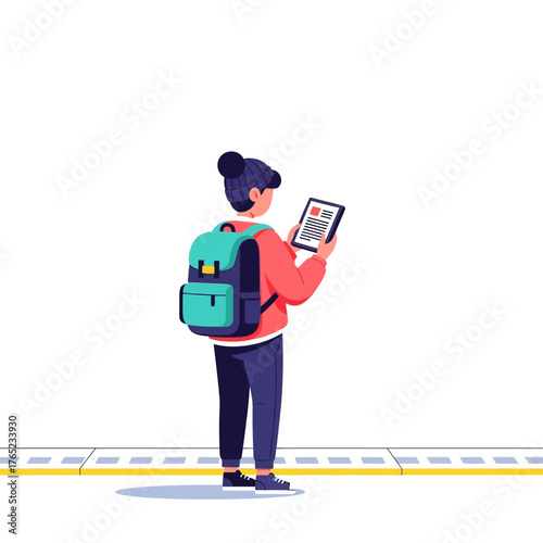 A young female student with a backpack viewed from behind while reading on a digital tablet, representing modern education and commuting