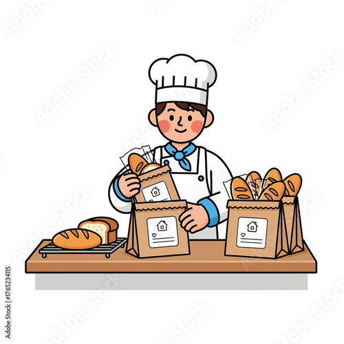 Baking professional with a chef's hat and apron packaging freshly baked bread loaves in paper bags