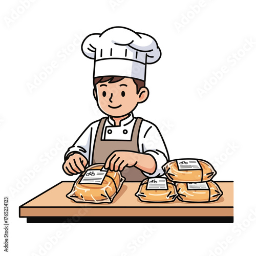 Vibrant illustration of a professional chef meticulously packaging freshly prepared food items, showcasing dedication to culinary quality and the concept of efficient product handling for consumers