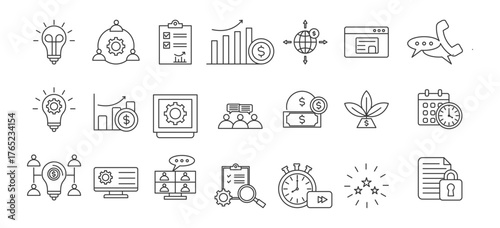 Start up  icon set collection style outline. Contain lightbulb idea, team collaboration, bussines plan,global target, innovation gear