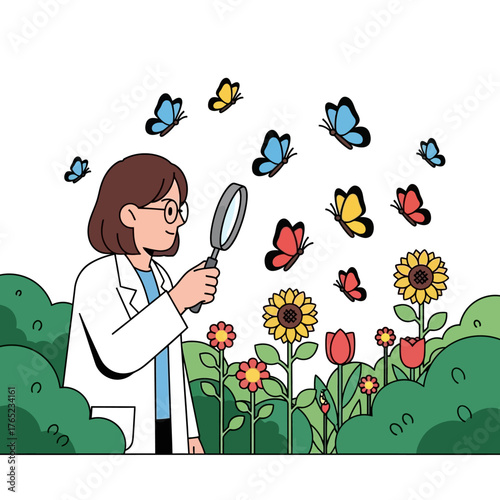 Curious female scientist with a magnifying glass observing vibrant butterflies amidst blooming flowers and lush greenery, symbolizing ecological research and scientific discovery