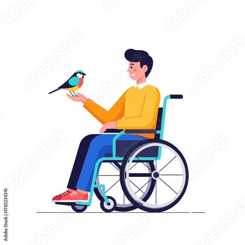 A heartwarming illustration of a smiling young man in a wheelchair gently holding a colorful small bird, symbolizing moments of peace, joy, and the therapeutic connection with nature and animals
