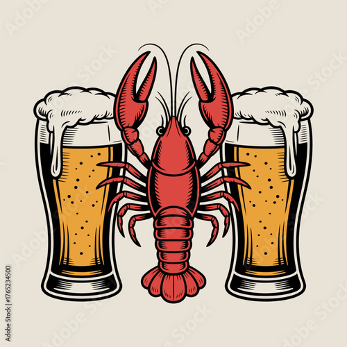 Crawfish and Beer Glasses Vintage Illustration
