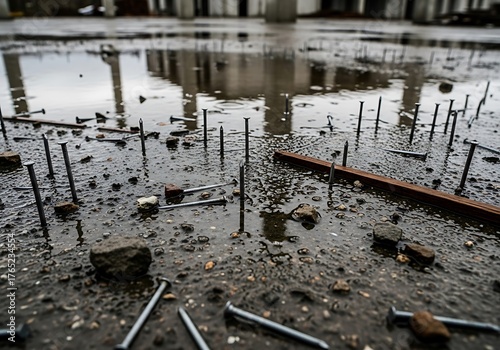 Unsafe abandoned construction site after the rain with nails and debris