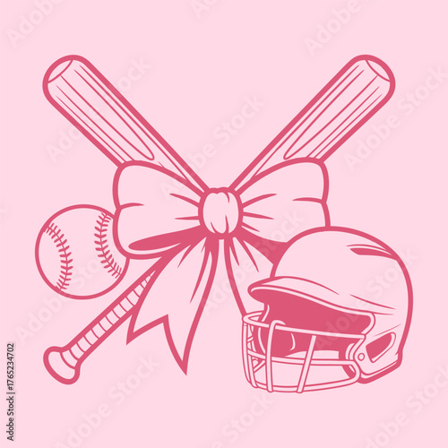 Pink Softball Equipment with Bow Illustration