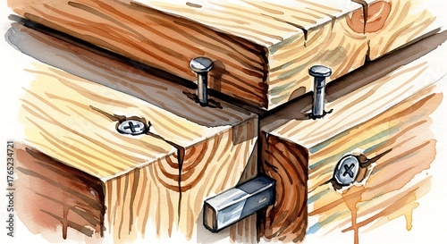 Watercolor illustration revealing wood grain, fasteners, and careful joinery