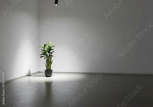 Solitary snake plant in a minimal white space illuminated by a spotlight creating a peaceful ambiance inside
