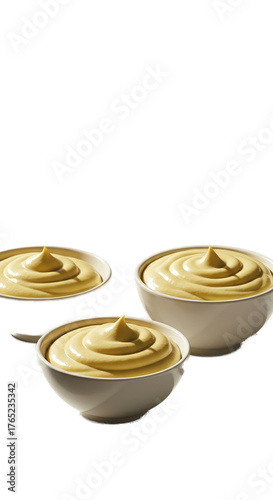 Golden Mustard Swirls In White Bowls Soft Light Realistic Photo