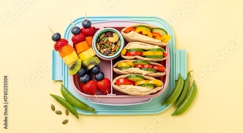 Vibrant vegan bento box showcasing colorful fruit skewers and hummus pita bread