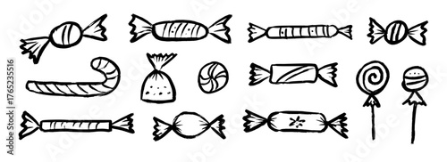 Hand drawn candy doodle set. Sketched wrapped sweets collection with candy canes, lollipops, mints. Festive decoration for birthday, Halloween, Christmas, holiday party. Vector sweet wrapper pack