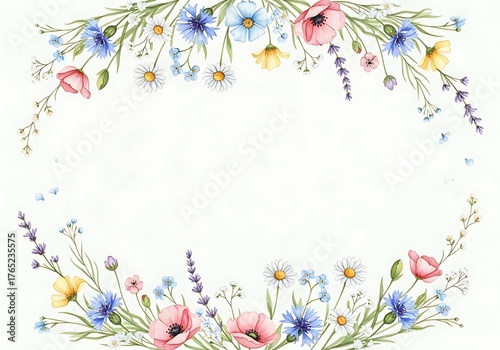 Watercolor meadow flowers frame for card or invitation, spring floral design