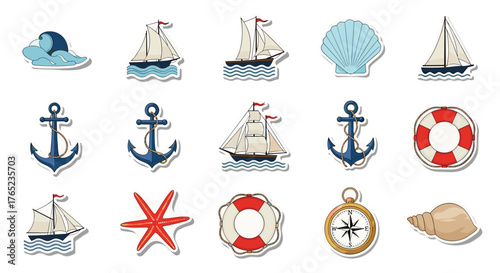 Nautical themed collection of various marine elements and objects.