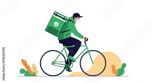 Delivery person on bicycle with food backpack.