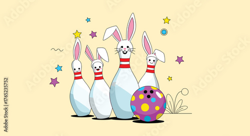Easter Bunny Bowling Pins with Colorful Ball and Stars.