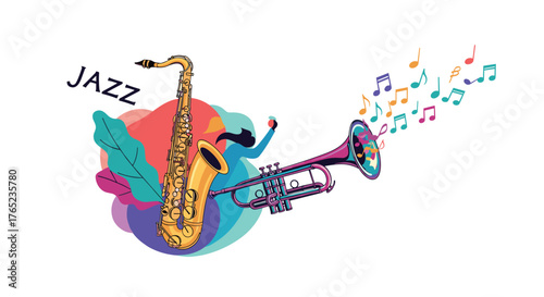 Jazz Music Instruments - Saxophone and Trumpet with Colorful Notes.
