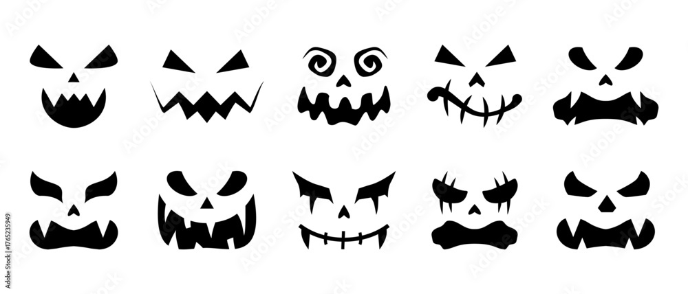 Naklejka premium Halloween collection of spooky pumpkin face silhouettes in black color isolated on transparent background. Scary carved Halloween face. Halloween carving stencils and cut templates. Vector