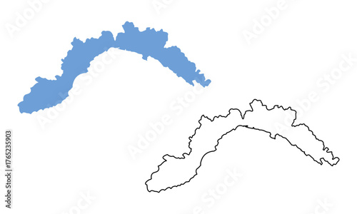 Map of Liguria is a region of Italy. Map with detailed outlines and blue silhouettes.