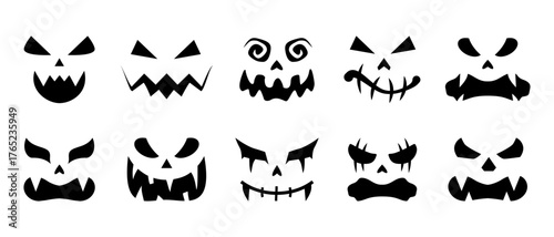 Halloween collection of spooky pumpkin face silhouettes in black color isolated on transparent background. Scary carved Halloween face. Halloween carving stencils and cut templates. Vector