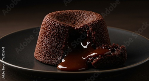 A perfectly baked chocolate lava cake, with rich molten chocolate oozing from the center, presented on a stylish dark plate