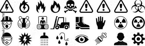 Workplace safety and industrial hazard glyph icon bundle with high voltage, flammable, explosive, toxic, corrosive, radioactive, laser hazard, magnetic symbols, black vector silhouettes for factory, s