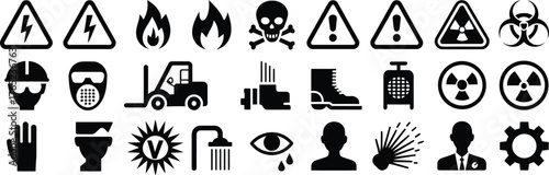 Workplace safety and industrial hazard glyph icon bundle with high voltage, flammable, explosive, toxic, corrosive, radioactive, laser hazard, magnetic symbols, black vector silhouettes for factory, s