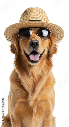 Golden Retriever Dog Wearing Straw Hat Sunglasses Outdoors Realistic Photo