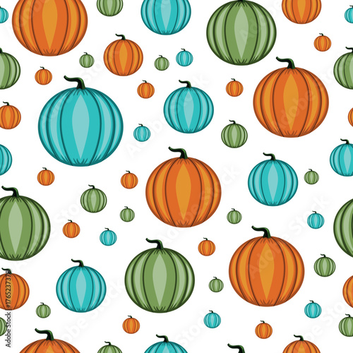 Seamless pattern with cartoon color vector pumpkins. Autumn background