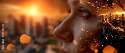 Dreamy woman silhouette with city skyline and sunrise glow in creative artwork