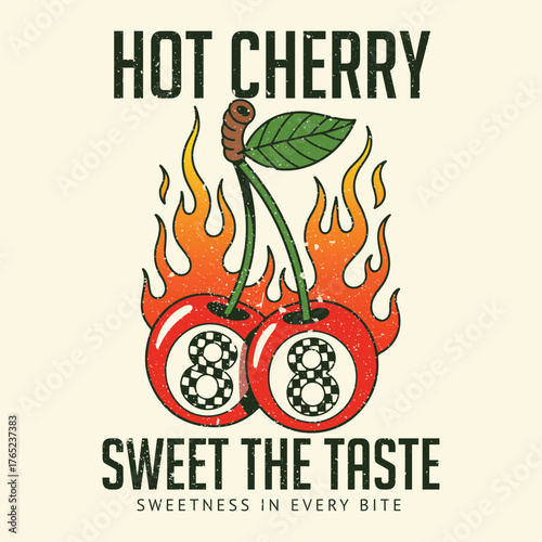 Hot cherry. Sweet cherries. cherry print design. vintage summer retro print design.  trendy cherry fruit t-shirt design. vintage graphics print art, women's fashion design for fruit print trend ,