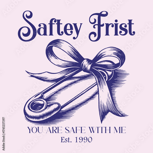 Saftey frist. Safety pin graphic print design. Bow tie with Safety pint shirt design for girl, ladies and women, Love you more artwork. Bow knot hand drawing artwork.  Pretty life, Safety pin graphic 