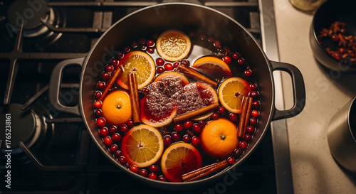Simmer pot photo for holiday warmth. Use for Christmas, Thanksgiving or fall projects. Aromatherapy, essential oils, wellness promotion. Cinnamon, citrus, berries.