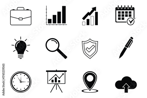 Black business and office icon set including briefcase, chart, calendar, light bulb, magnifying glass, shield, pen, clock, and cloud. Transparent background,