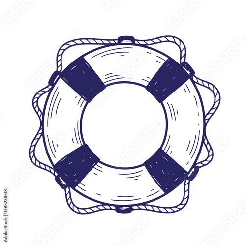 Hand drawn doodle out line of a lifebuoy with rope around a marine nautical theme