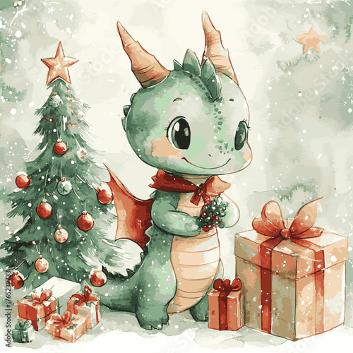 Fantasy cute green dragon with gift, present and Christmas tree with toys isolated on white background