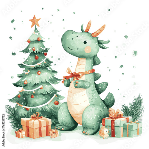 Fantasy cute green dragon with gift, present and Christmas tree with toys isolated on white background