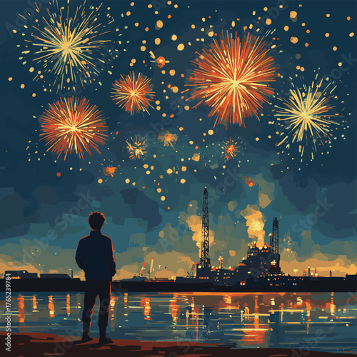 A guy stands on the shore against the background of an oil rig and looks at the bright fireworks, happy new year   , vector style simple color