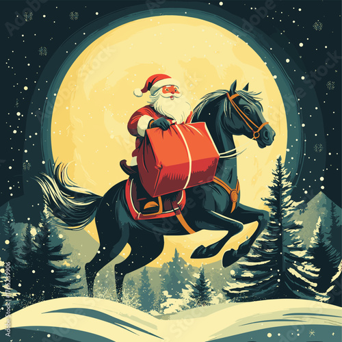 An illustration shows Santa Claus riding a horse and picking up a big red gift bag under the full moon