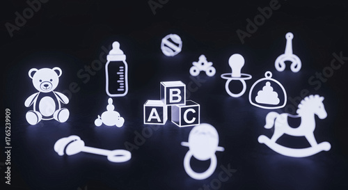 A collection of white baby-related icons and toys on a dark background, including a teddy bear, rocking horse, and alphabet blocks.