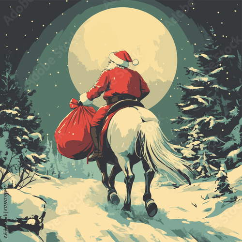 An illustration shows Santa Claus riding a horse and picking up a big red gift bag under the full moon