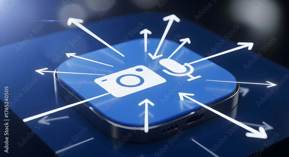 Fototapeta premium Smartphone with camera and microphone icons, surrounded by arrows indicating data sharing.