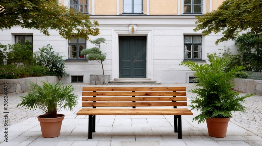 Obraz premium Wooden bench inviting repose in urban courtyard