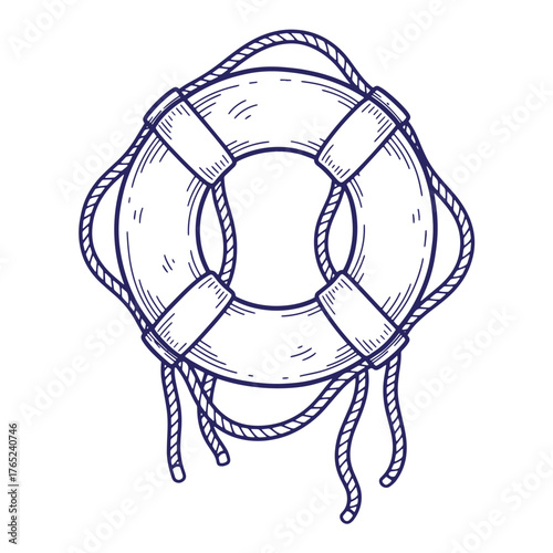 Hand drawn life buoy illustration with rope and doodle out line elements for safety and protection