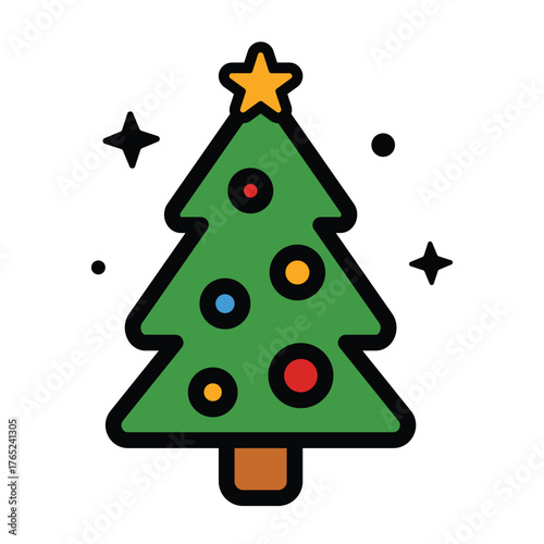 Decorated christmas tree with a star on top, great for holiday cards, social media posts, and festive design projects.