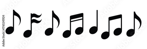 Music notes icon set, vector illustration of musical symbols, notes, treble clef, bass clef, staff, piano, guitar, violin, melody, rhythm, black vector
